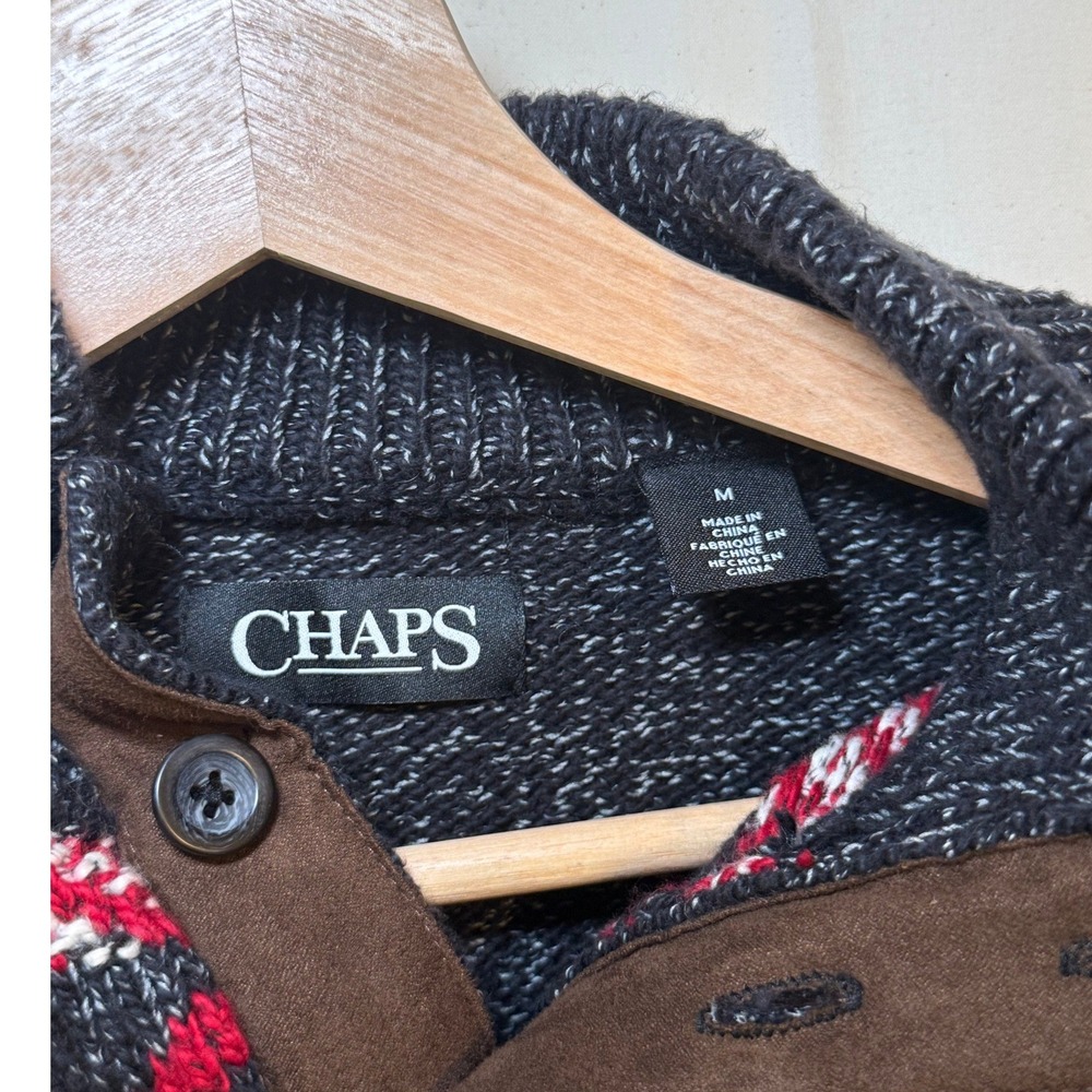 Chaps Mens Fair Isle Quarter Button Mock Neck Sweater Gray Red Size Medium - Picture 2 of 5